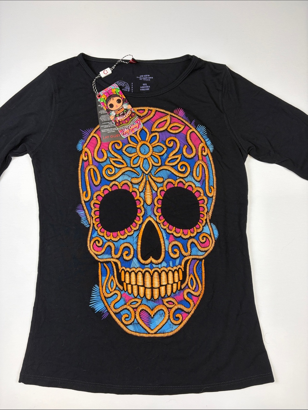NWT AY GUEY! CALA STITCH SUGAR SKULL 3/4 SLEEVE TOO BLACK SIZE XS
